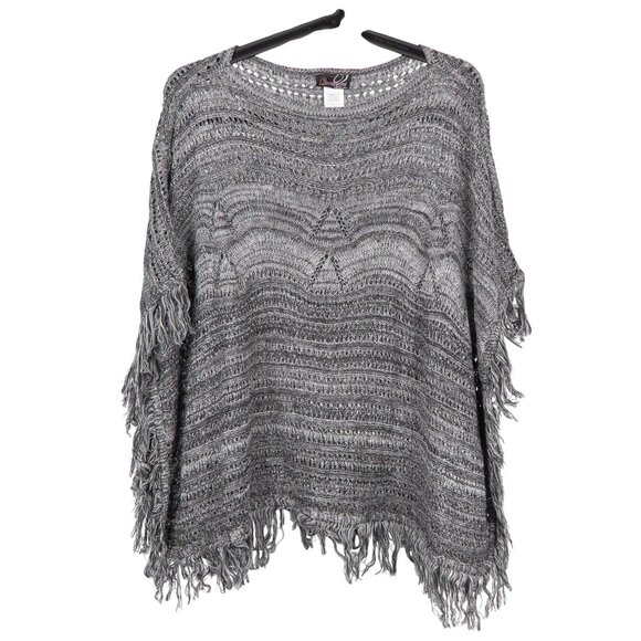Questions Say What Sweaters - Gray Knit Boxy Poncho One Size Womens Fringed Hem Questions Say What Acrylic